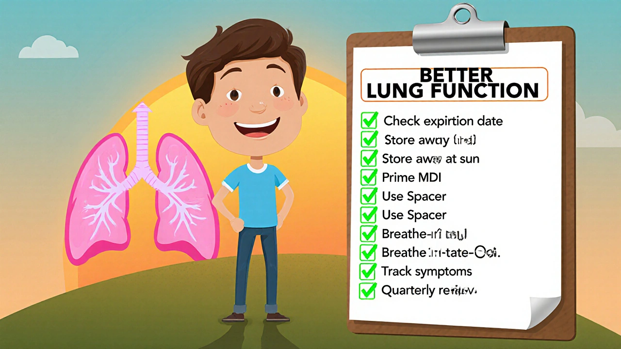 Cartoon of a happy patient with a checklist and glowing lungs indicating better function.