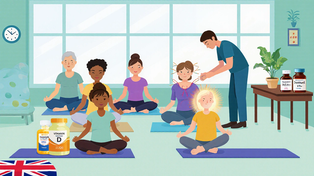 Cartoon of diverse group doing yoga, meditating, acupuncture, with herbs on a table.