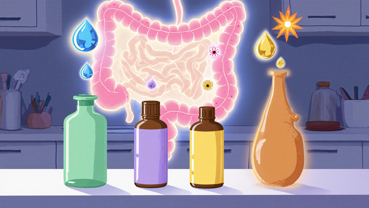Cartoon of four colored oil bottles with floating symbols and a glowing colon illustration.