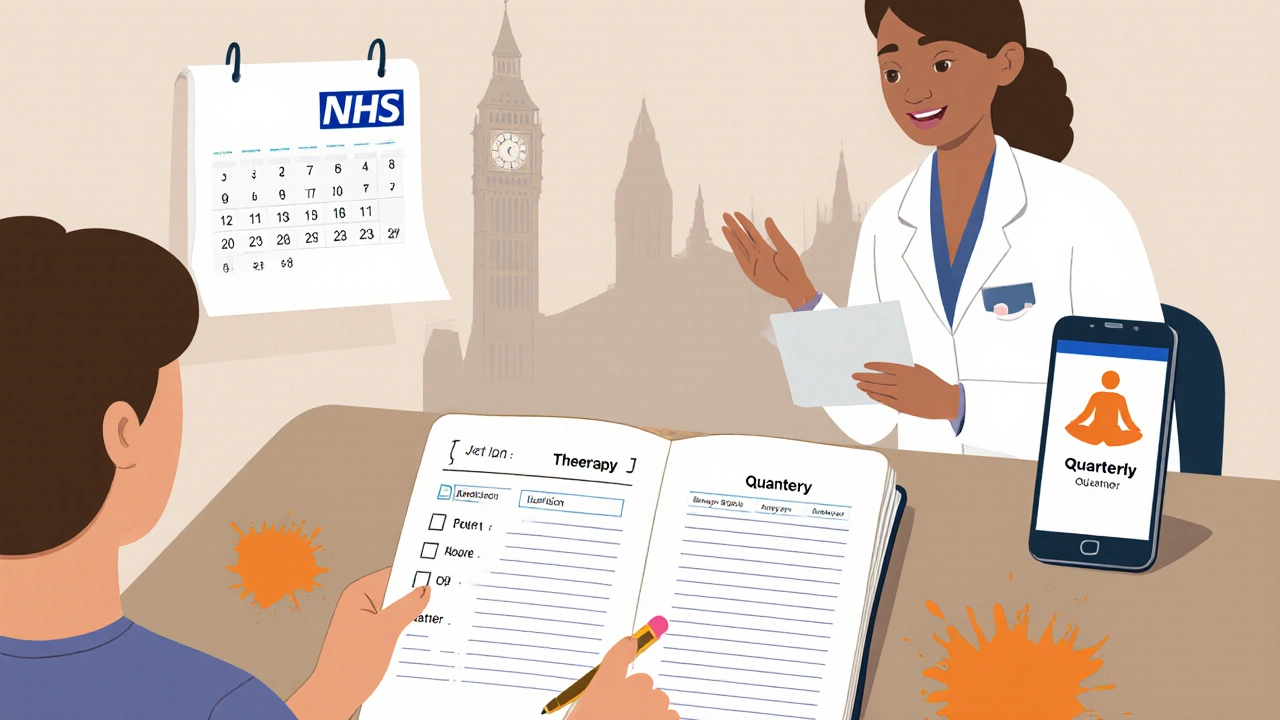 Cartoon of health journal, doctor, calendar and app tracking therapies, UK backdrop.
