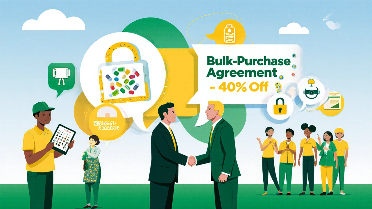 Cartoon officials and manufacturers signing deals, with screening, task‑shifting, and digital tools.
