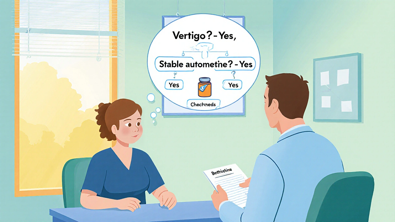 Cartoon patient and doctor reviewing a decision tree about using betahistine with autoimmune disease.