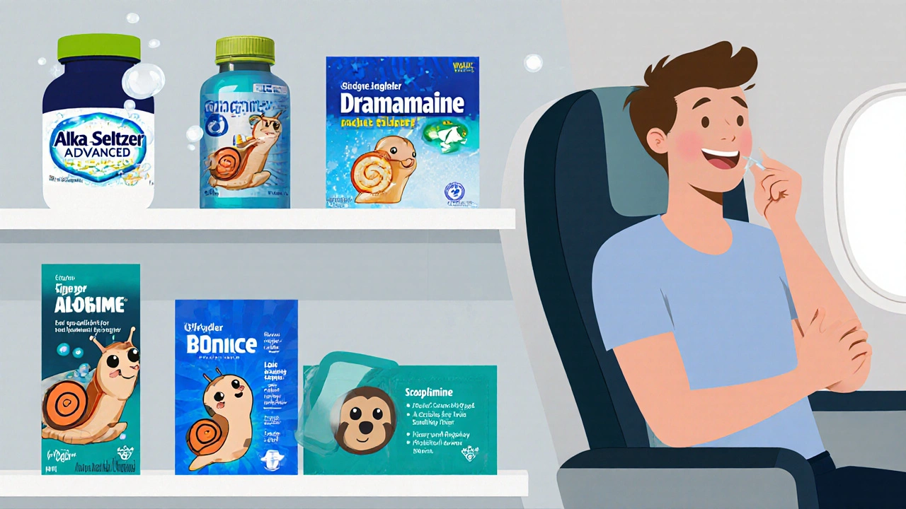 Cartoon pharmacy shelf with Alka‑Seltzer, Dramamine, Bonine, and scopolamine patch.