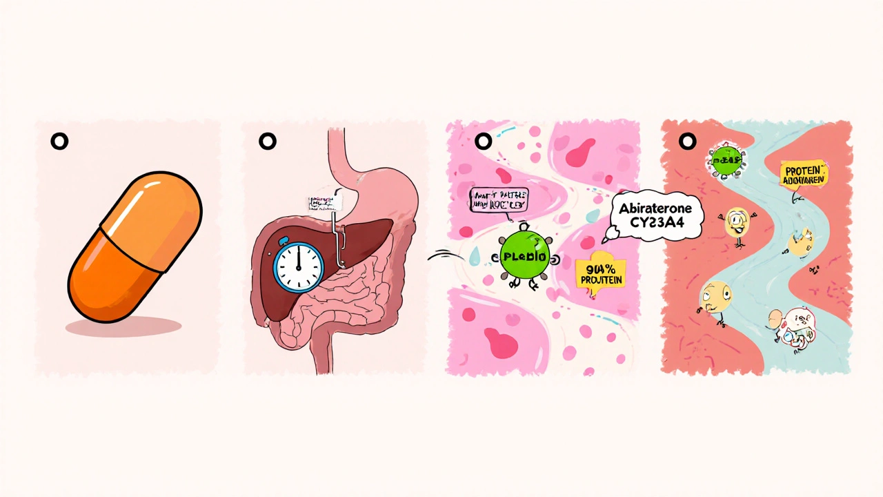 Cartoon sequence shows Abiraterone pill absorbed, metabolized to Îâ´âAbiraterone, and excreted.