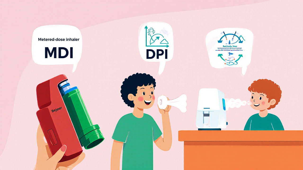 Cartoon showing MDI, DPI, and nebulizer devices with user gestures and particle info.