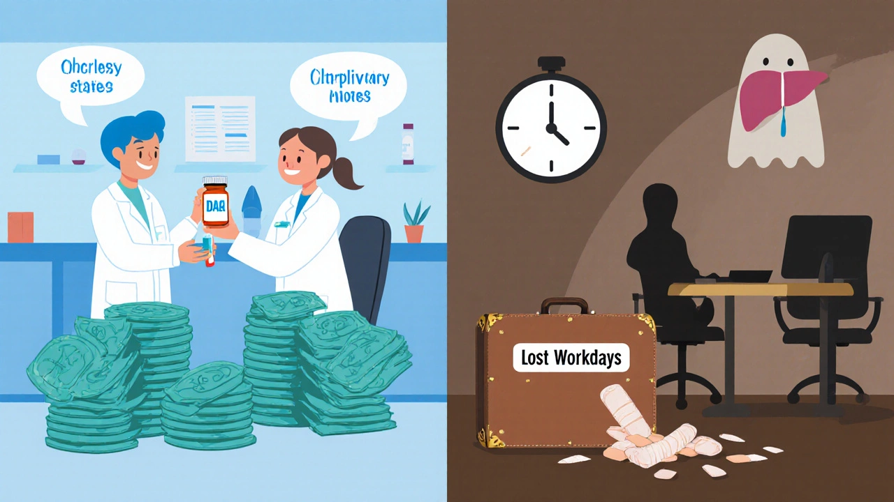 Cartoon split scene: clinic tests and pills on left, empty office and lost work symbols on right.