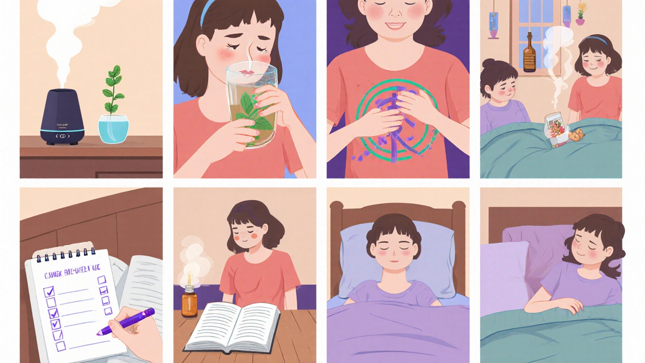 Cartoon storyboard of a day’s aromatherapy routine with a happy person checking a list.