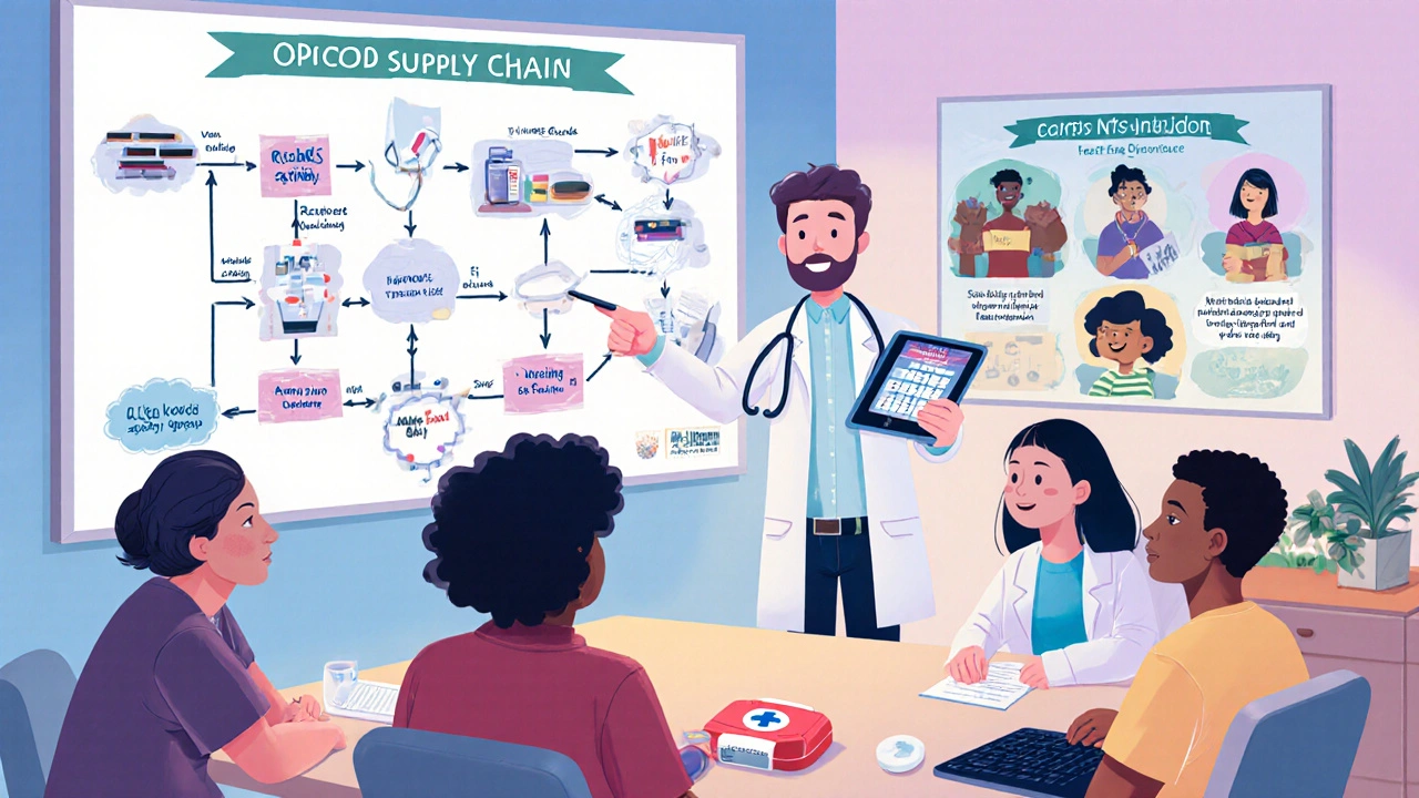 Cartoon writers' room with creators, doctor consultant, and storyboard on opioid crisis.