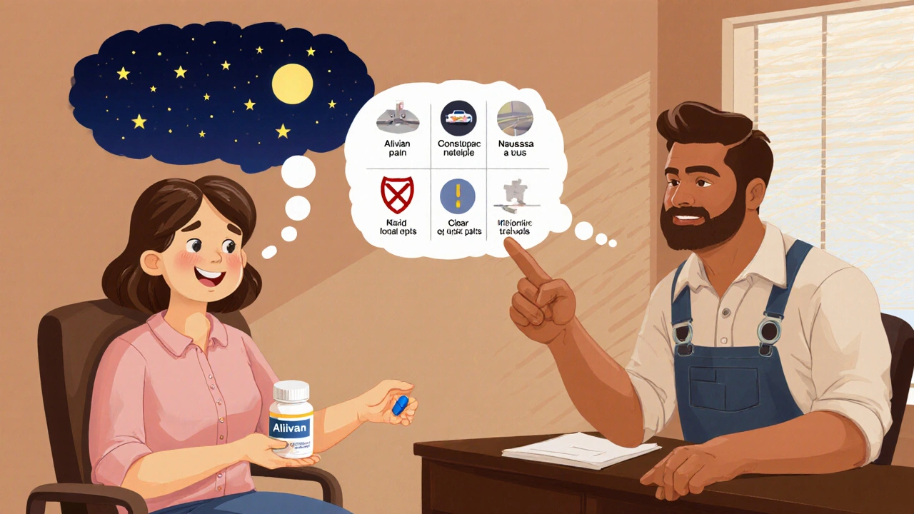Doctor's office with two patients showing relief from Alivian and an icon chart of side effects.