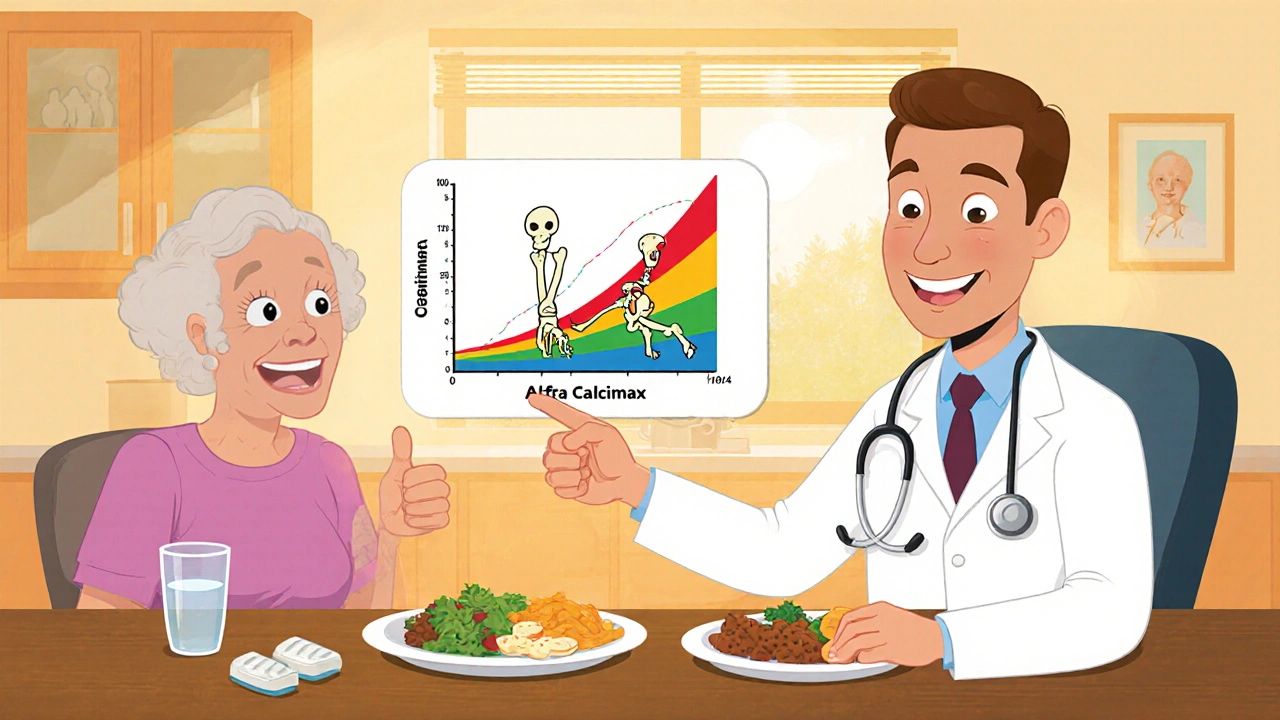 Doctor showing a bone density chart to an older patient with tablets on a meal plate.