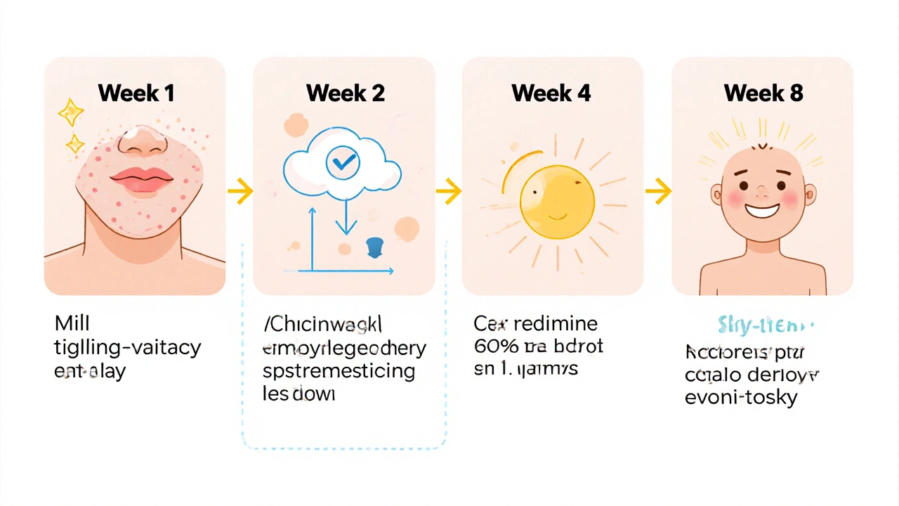 Four‑panel cartoon timeline showing skin improvement over eight weeks.