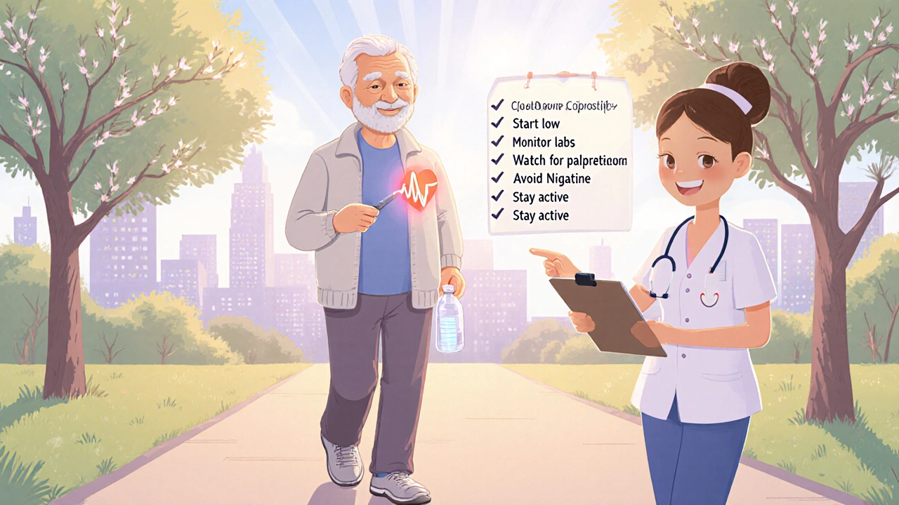 Older adult walking in a park holding cilostazol, nurse with checklist.