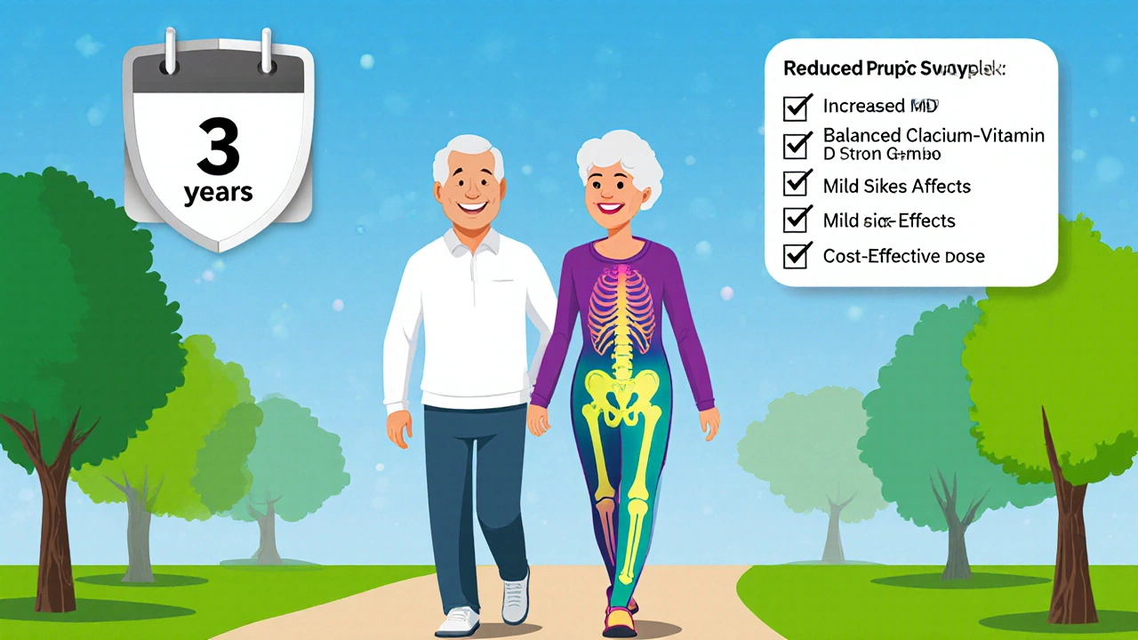 Older couple walking, glowing bones, shield for fracture risk, and a 3‑year calendar.