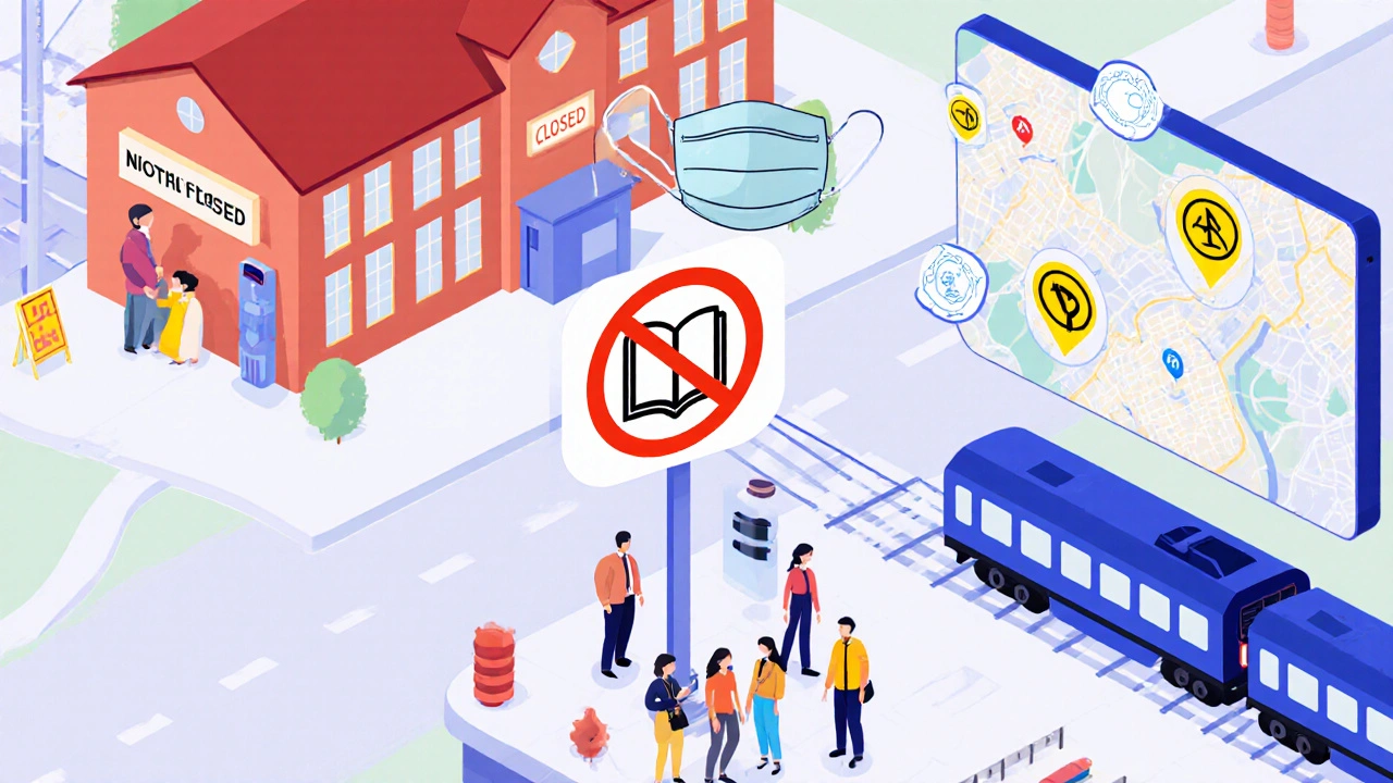 Overhead town view showing closed school, mask‑mandated transit, and contact‑tracing icons.