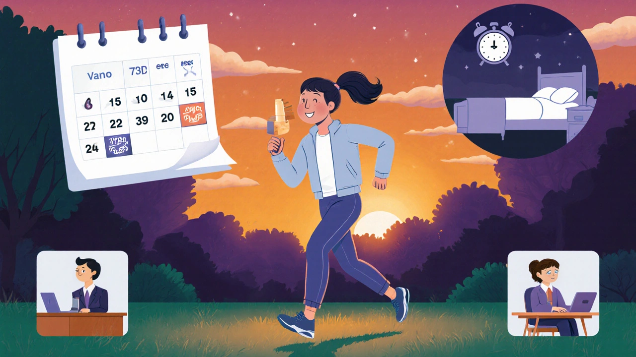 Person jogging at sunset with calendar showing fewer inhaler uses, indicating better quality of life.