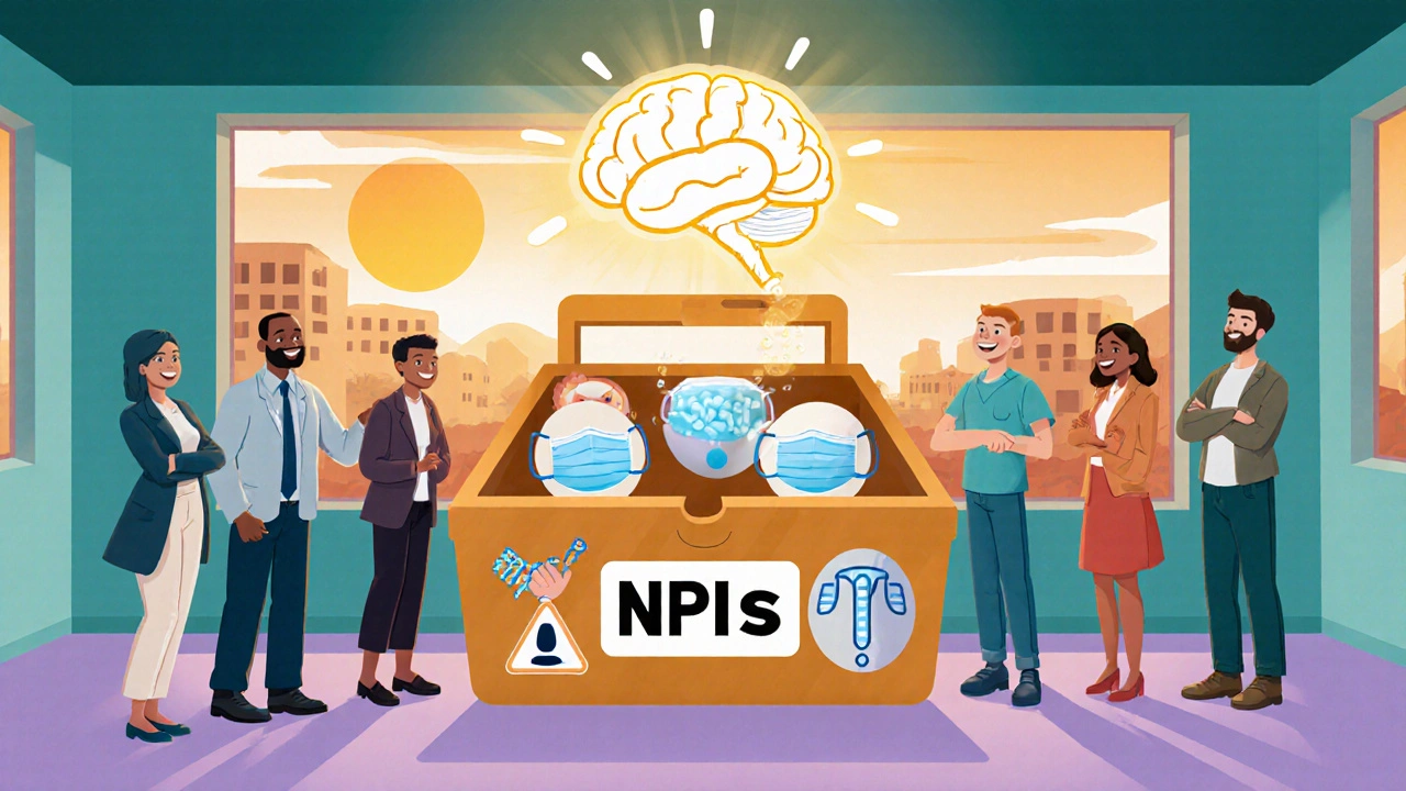 Planning room with officials around a toolbox of NPI icons and a glowing AI brain.