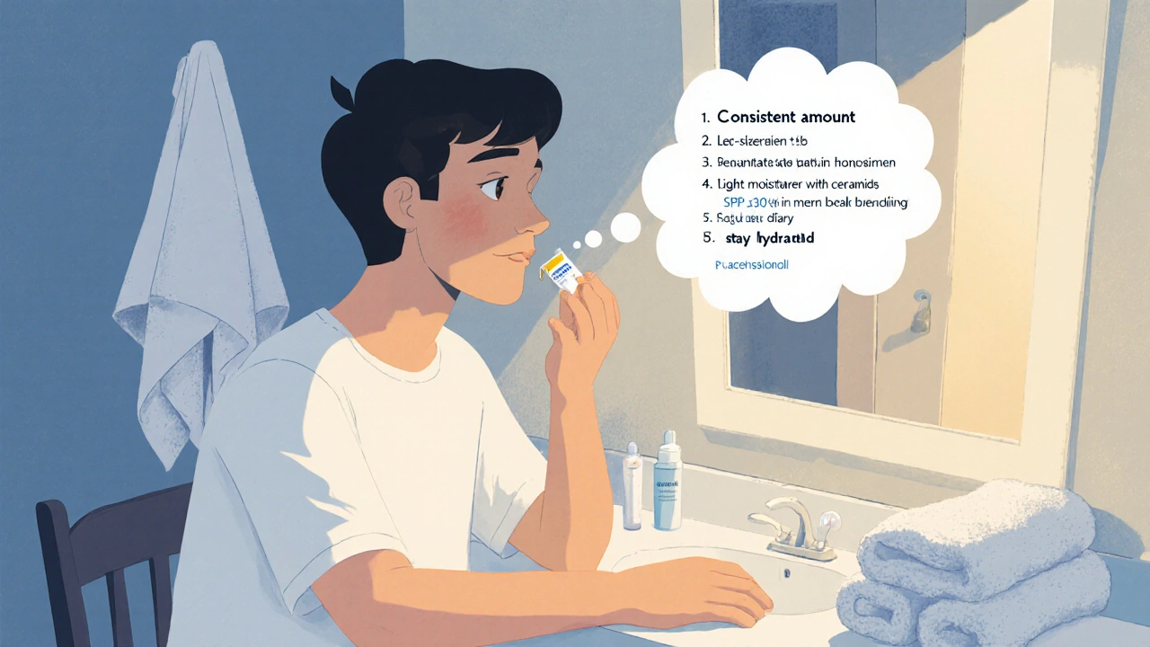 Teen at vanity applying Adaferin with a bubble of skincare tips.