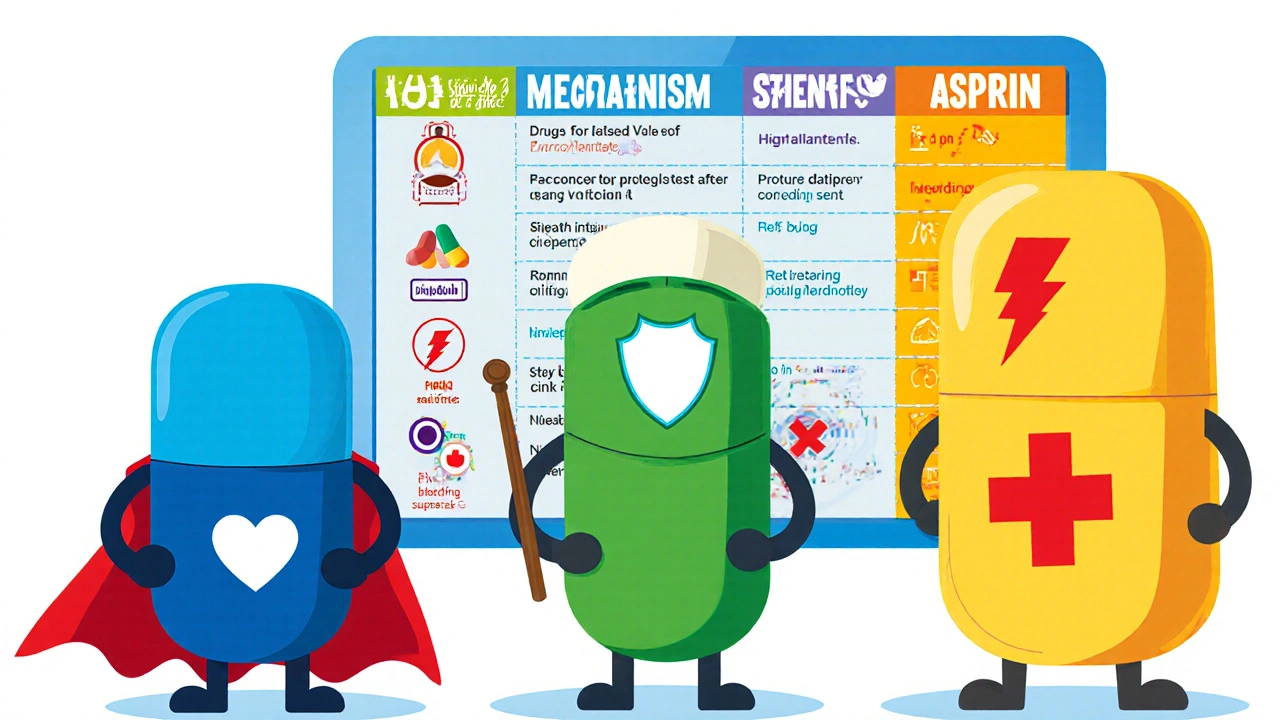 Three cartoon drug characters: cilostazol, clopidogrel, aspirin with icons.