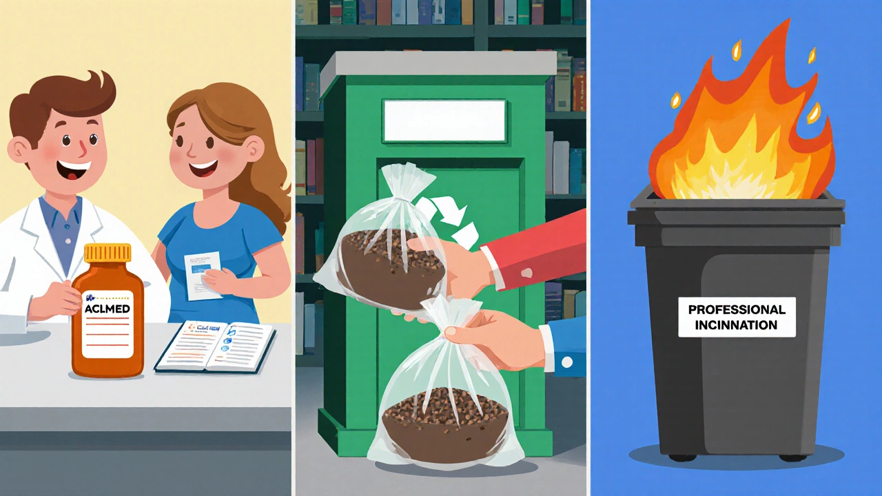 Three cartoon panels: pharmacist take‑back, community drop‑off box, and sealed trash bag disposal.