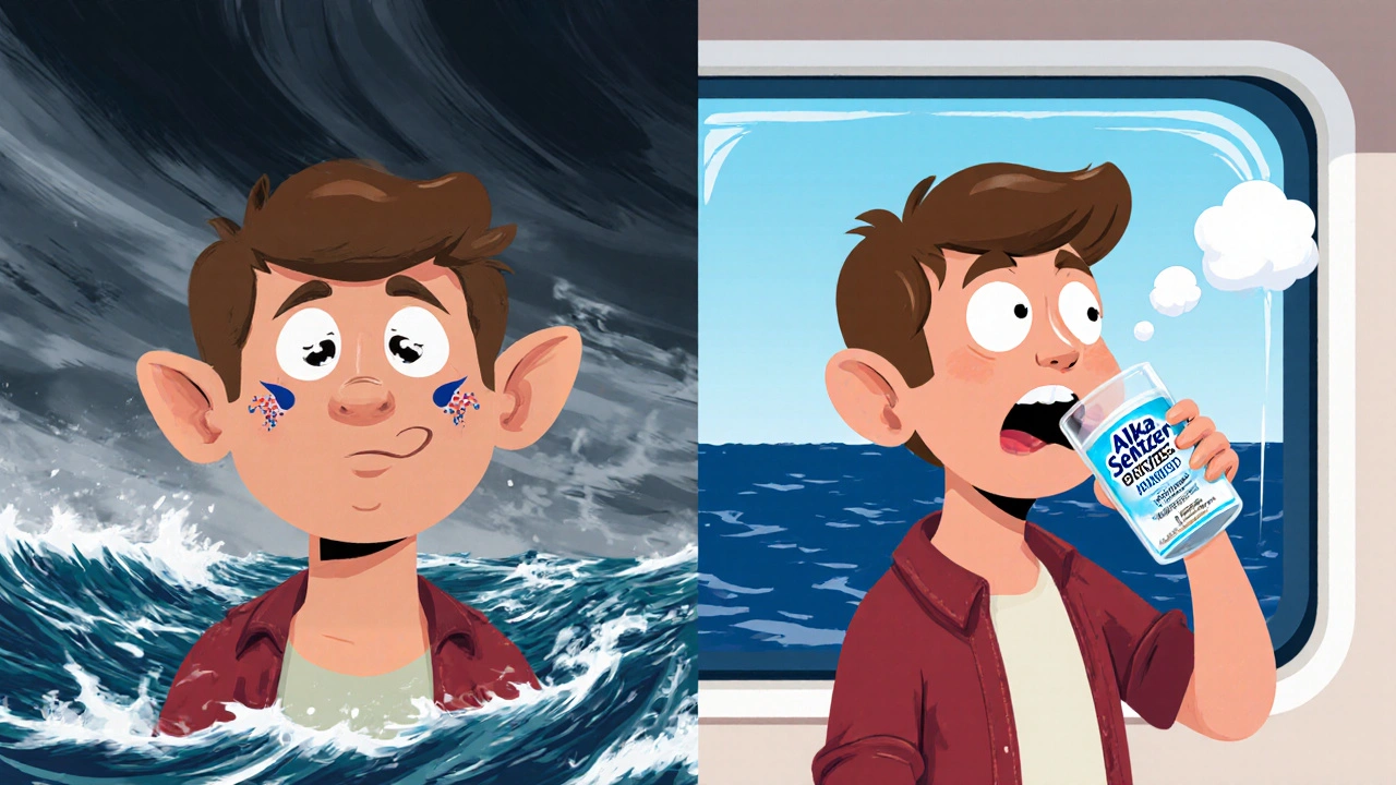 Traveler feels motion‑sick on a boat then drinks Alka‑Seltzer and looks relieved.