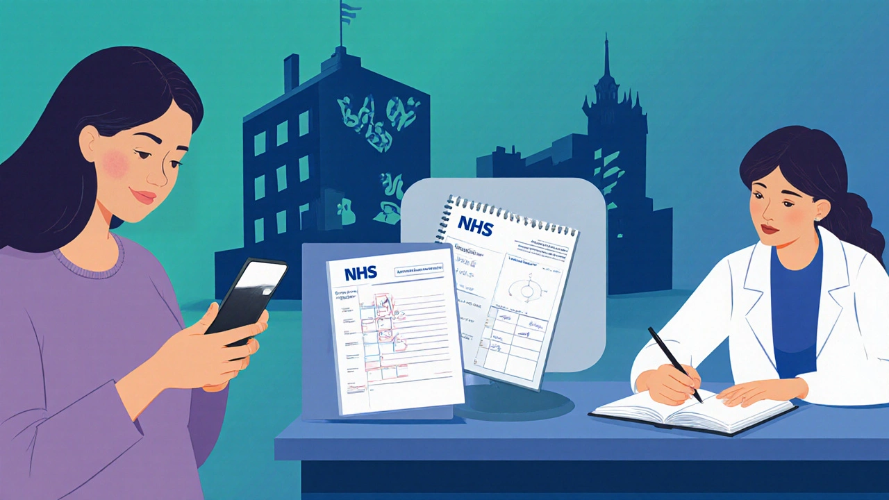 Woman using phone reminder, diary, and lab results with doctor in cartoon style.