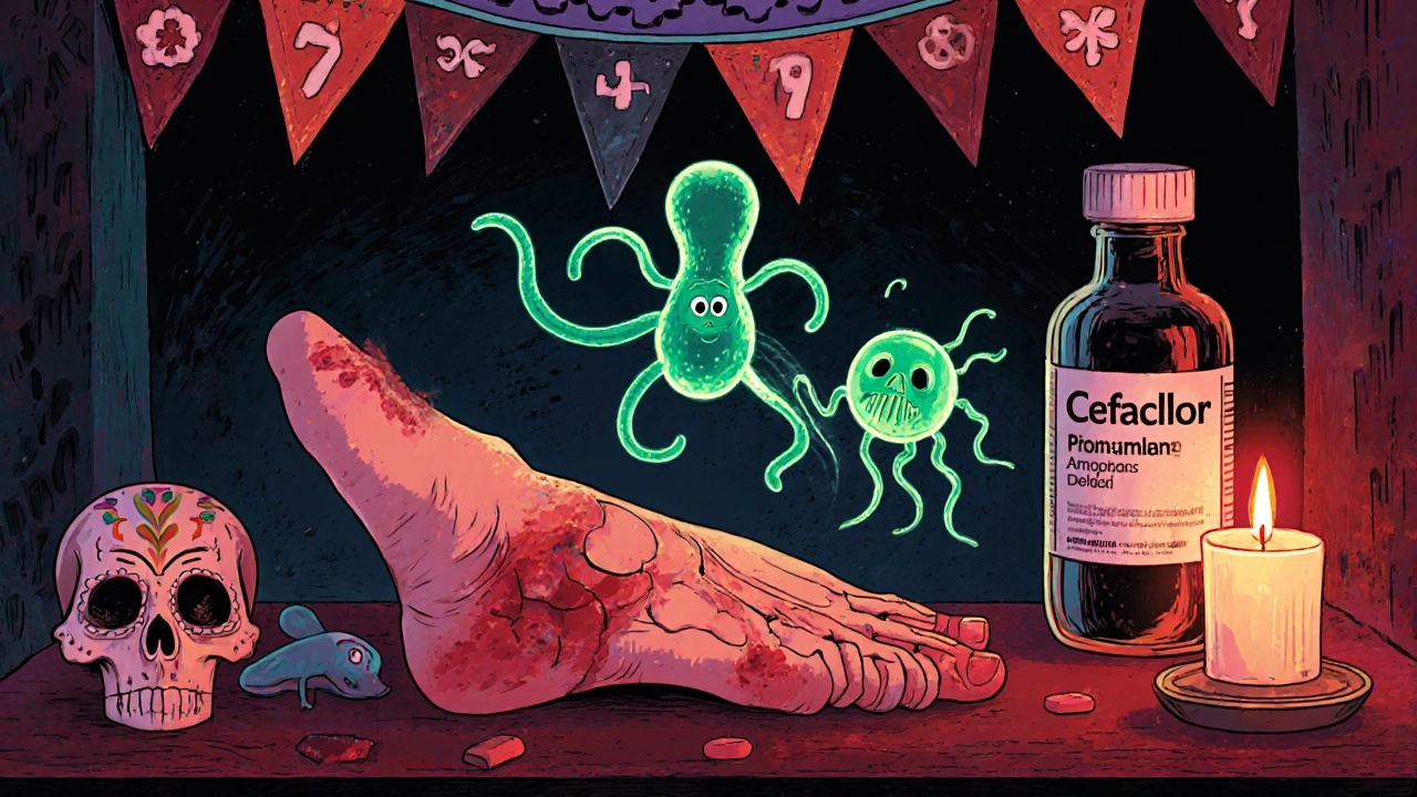 A diabetic foot ulcer is cleaned as a green Pseudomonas bacterium flees from cefaclor under candlelight.