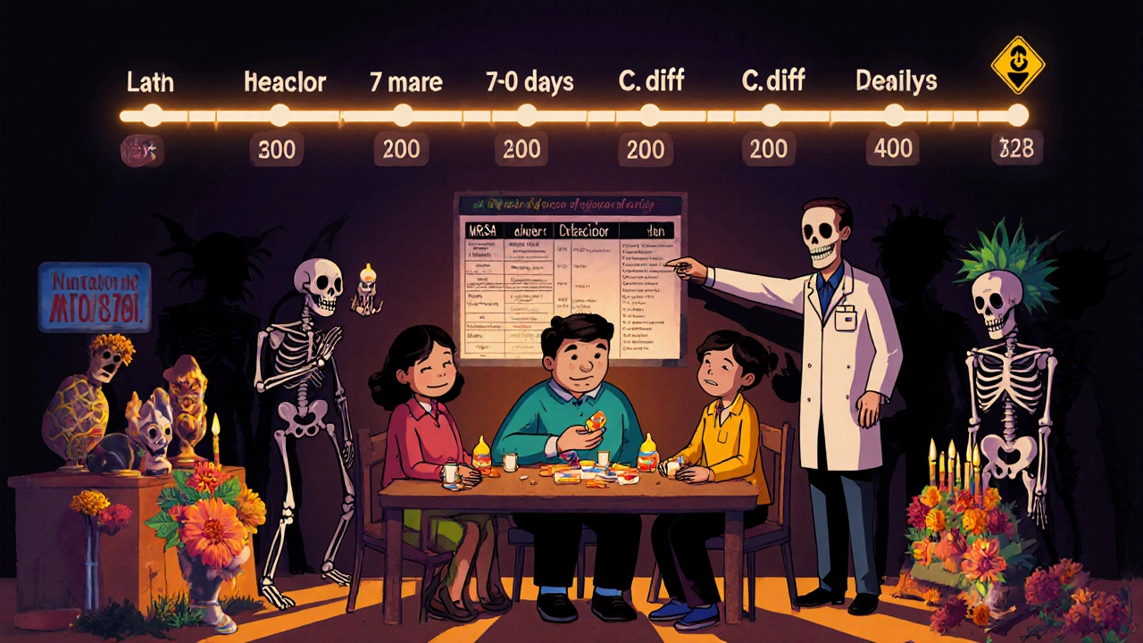 A family takes cefaclor pills while shadowy superbugs lurk nearby, illuminated by altar candles and marigolds.