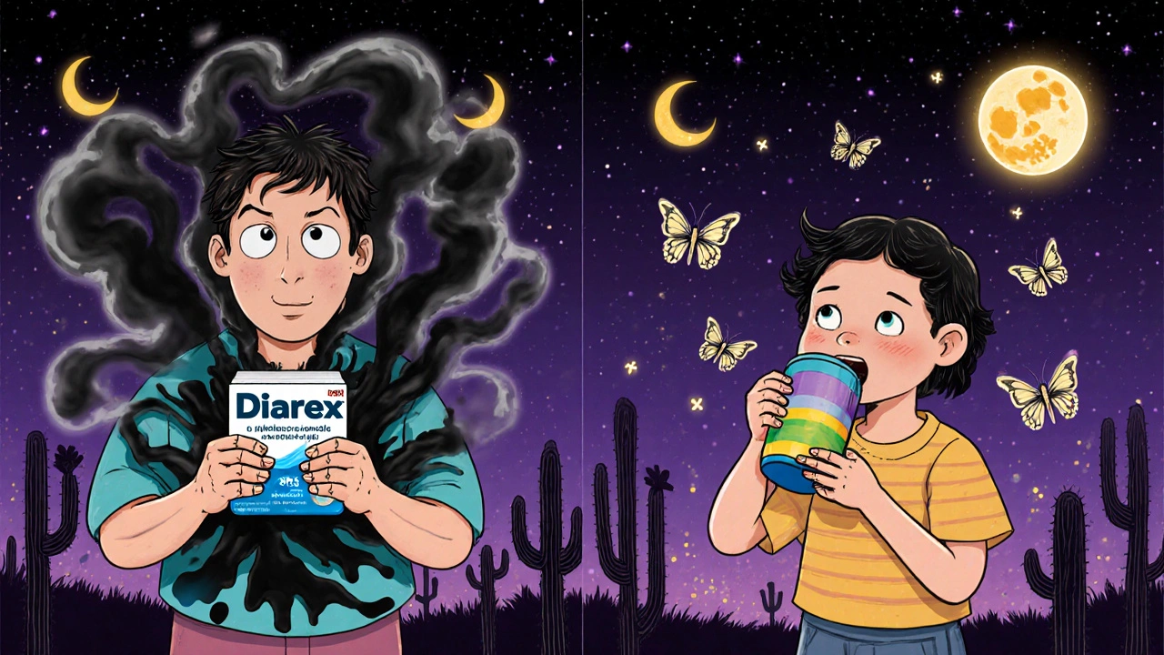 A person with black stool ghosts beside a child drinking ORS, with probiotic butterflies floating in a skull-lit sky.