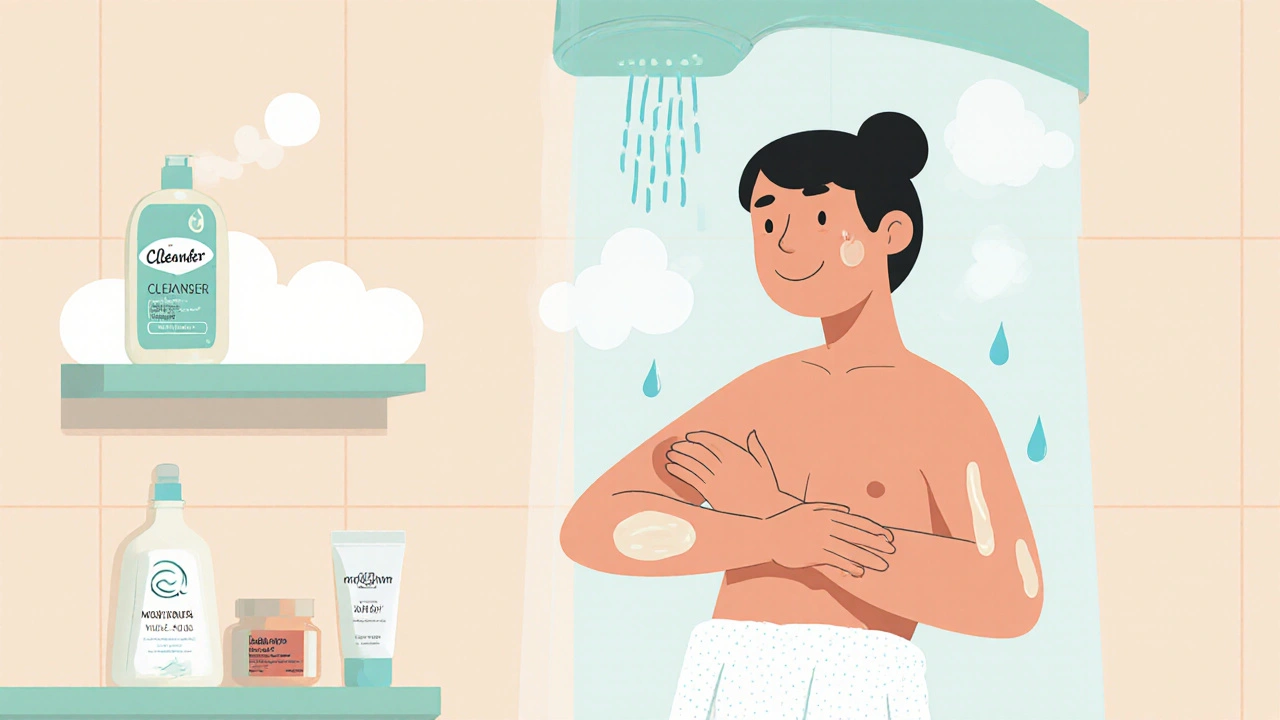 Bathroom routine: lukewarm shower, applying moisturizer then ointment on skin.