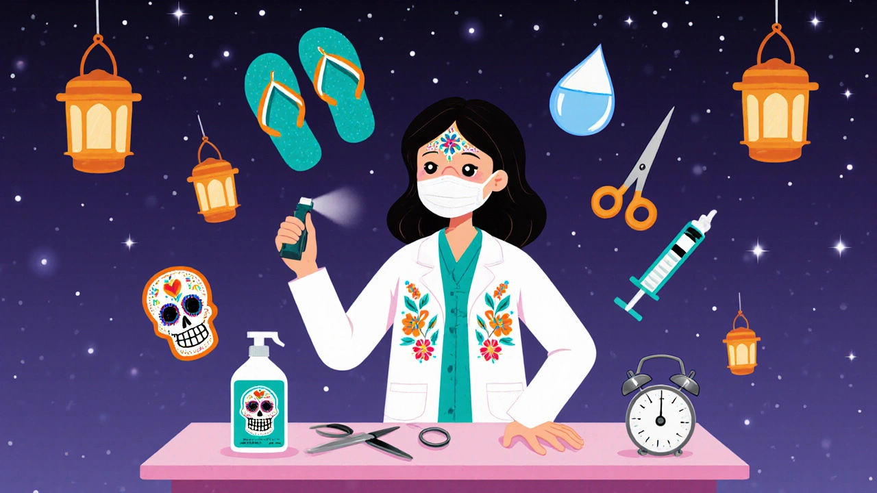 Cartoon dermatologist with treatment tools and prevention icons, framed by Day of the Dead motifs.