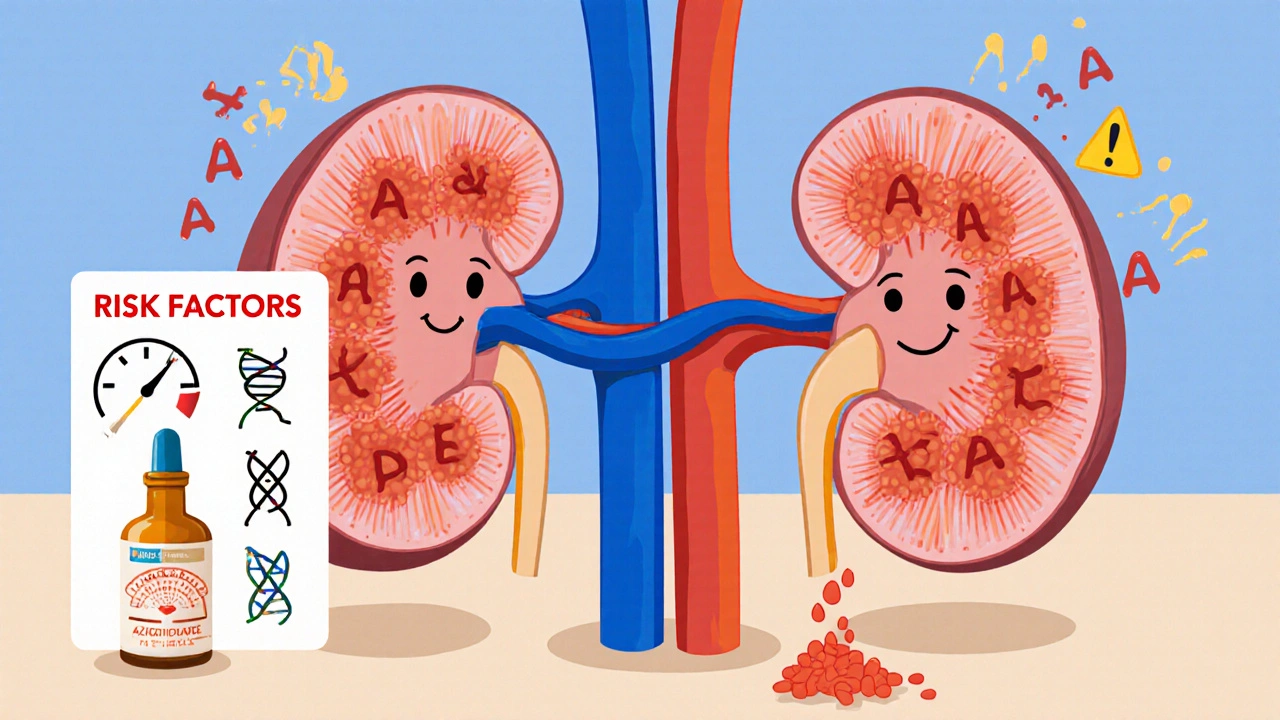 Cartoon kidneys with inflamed glomeruli and azathioprine‑induced antibodies.