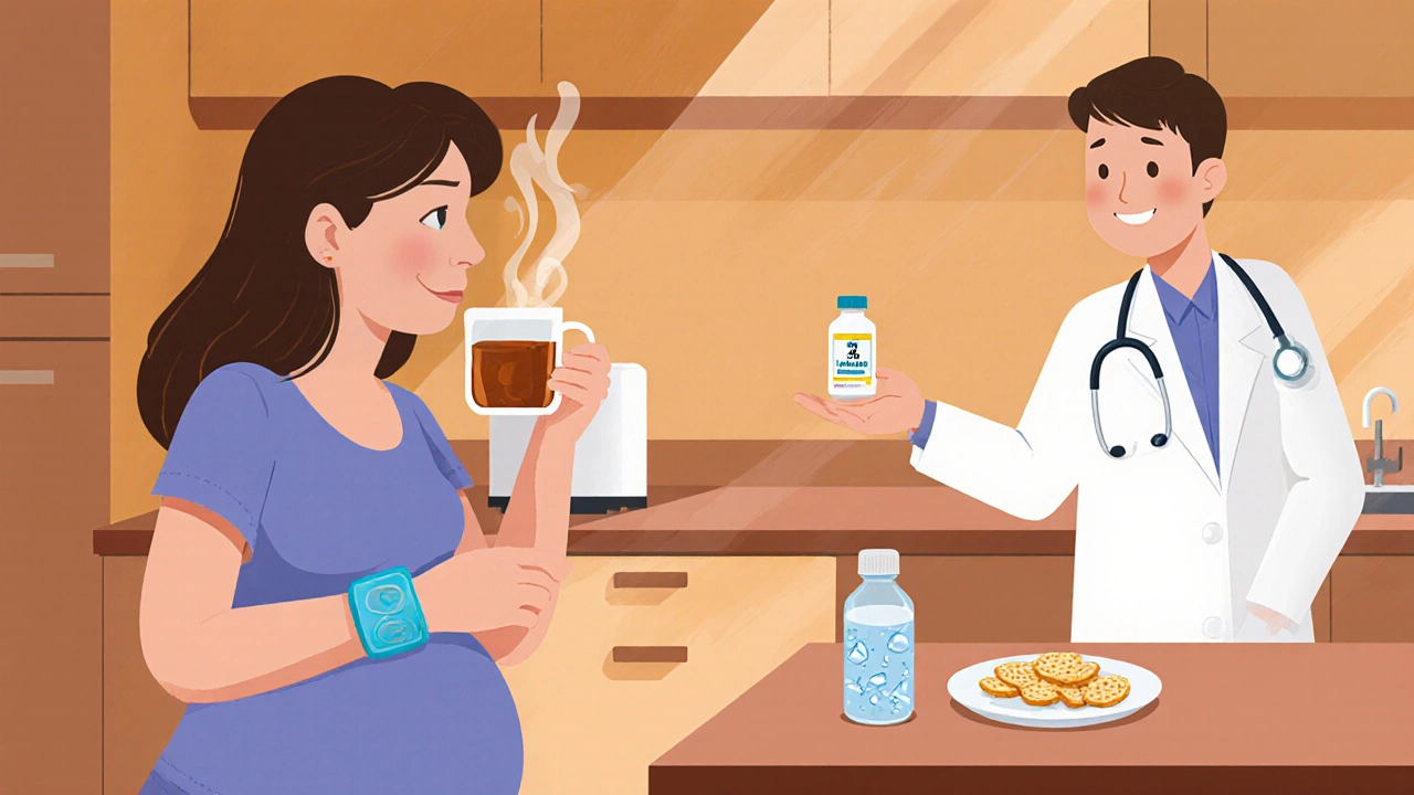 Cartoon kitchen scene with pregnant woman drinking ginger tea and wearing a wristband.