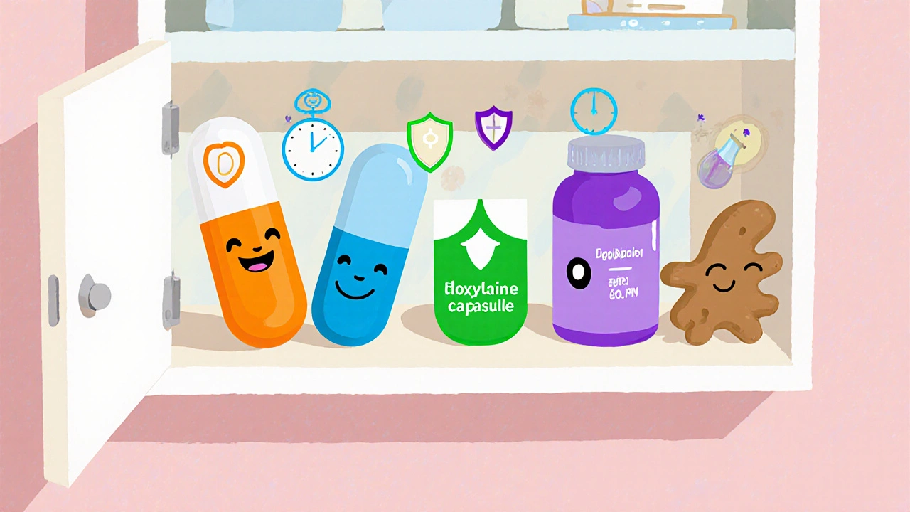 Cartoon medicine cabinet showing anti‑nausea pills and ginger with safety icons.