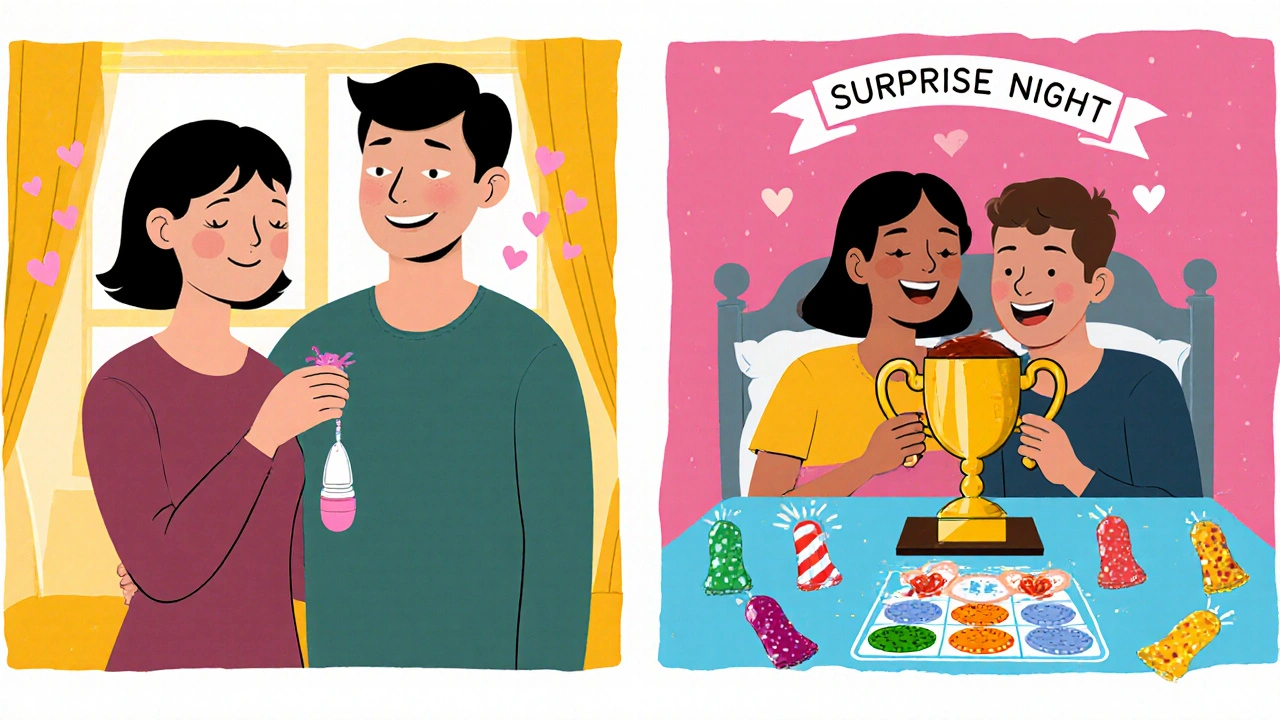 Cartoon panels of a couple happy after IUD use and another couple playing with colorful condoms.