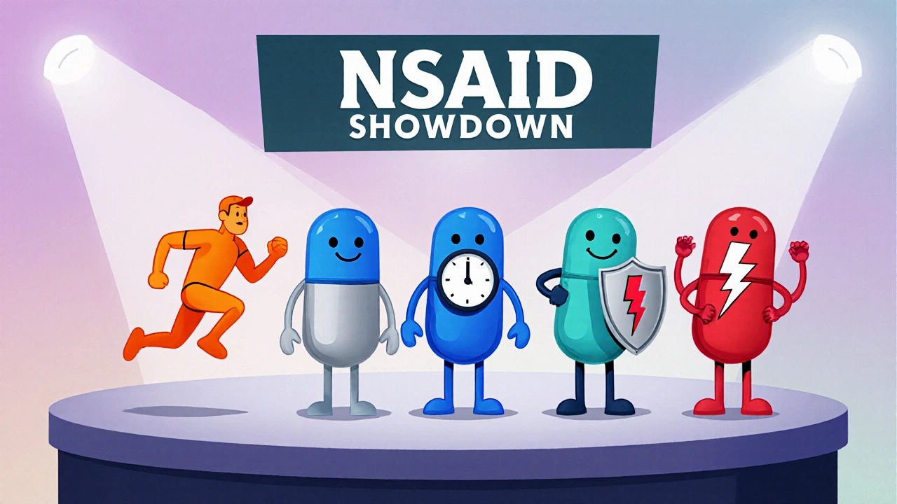 Cartoon pill characters representing different NSAIDs, each showing unique traits like speed and safety.