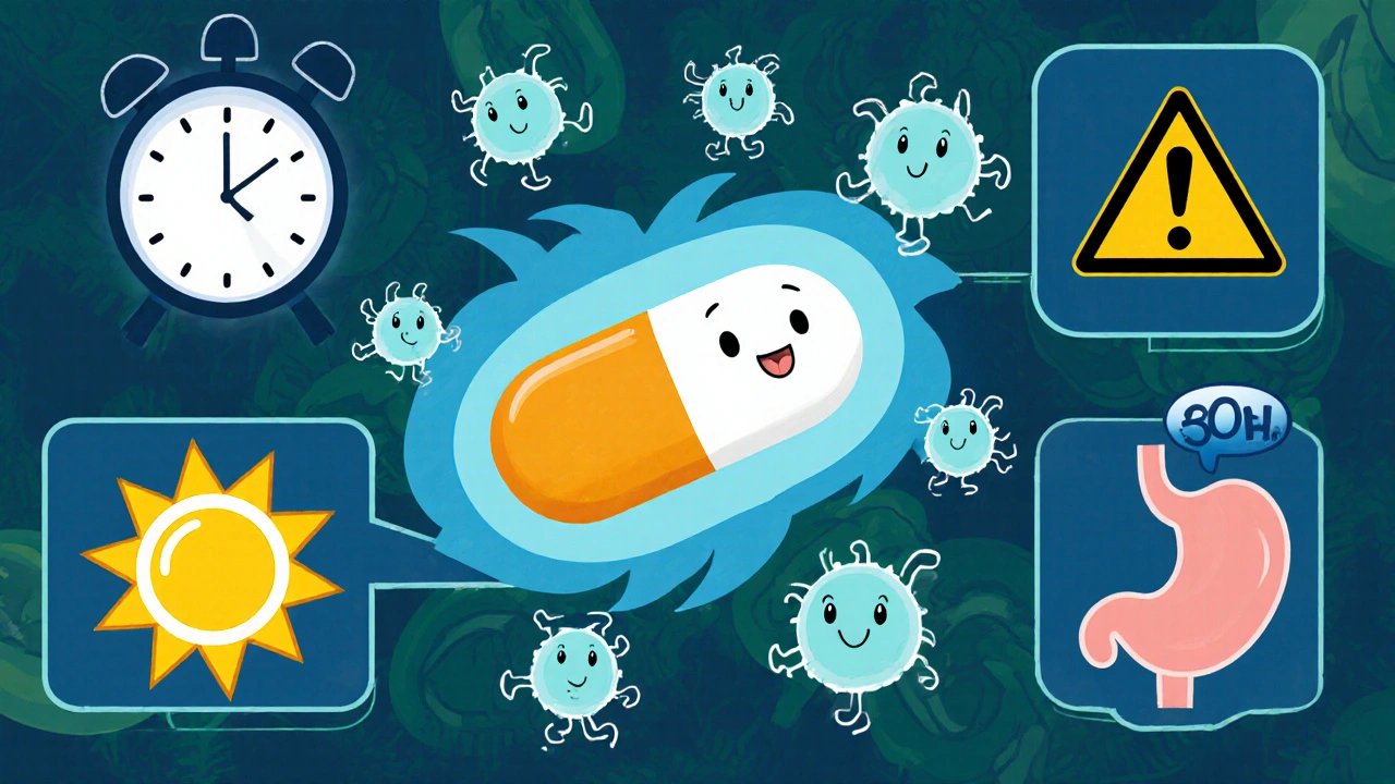 Cartoon showing doxycycline tablet stopping spirochete bacteria, with dosing and side‑effect icons.