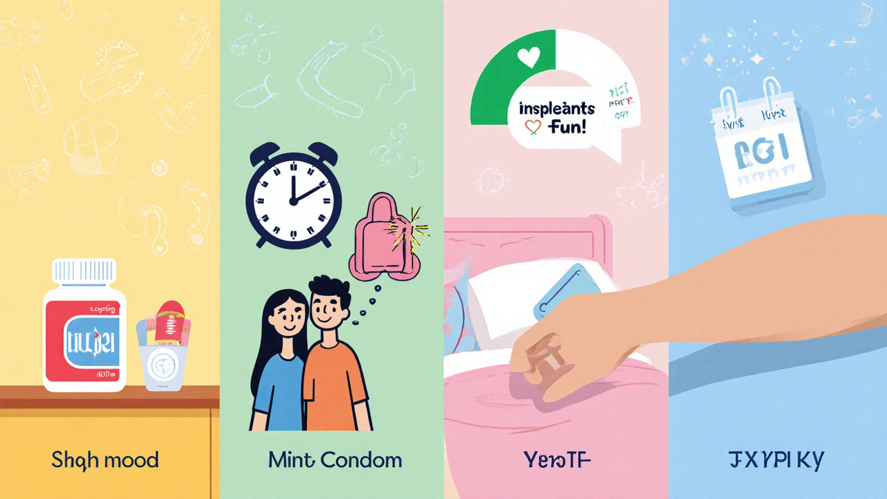 Cartoon split‑screen comparing pill, IUD, condom, and implant with mood and ease‑of‑use symbols.