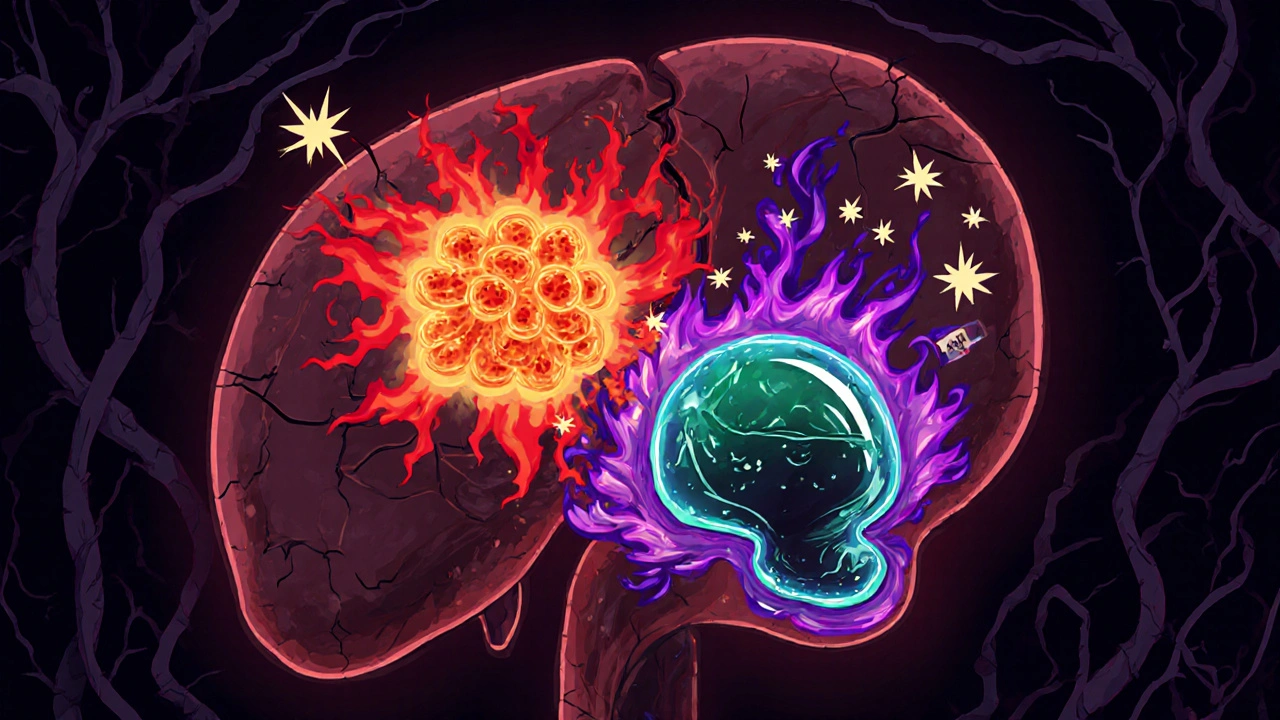 Colliding leflunomide molecule and alcohol droplet causing fiery stress in a liver skull.