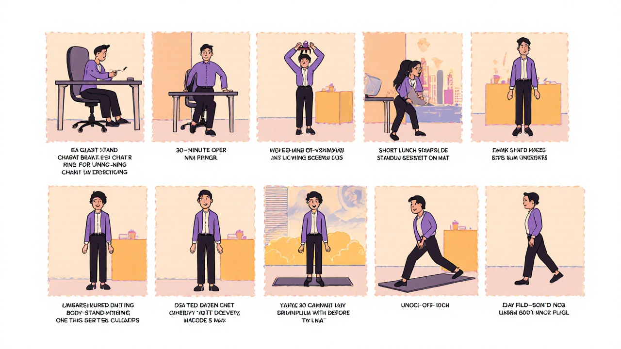 Comic strip of a workday showing microbreaks, stretches, standing desk, and breathing.