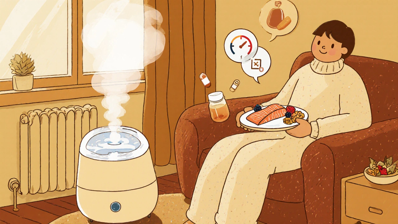 Cozy room with humidifier, radiator, cotton clothes, and healthy foods for psoriasis care.