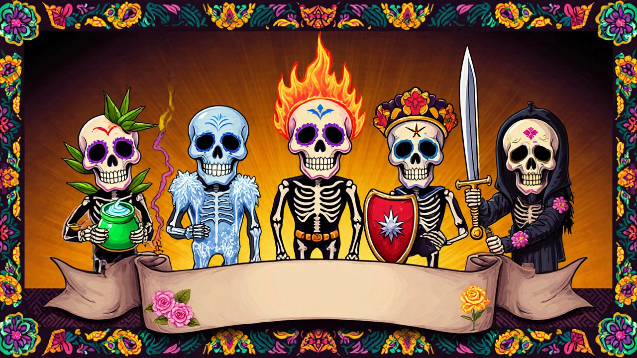 Day of the Dead characters representing different wart treatments in a comparison scene.