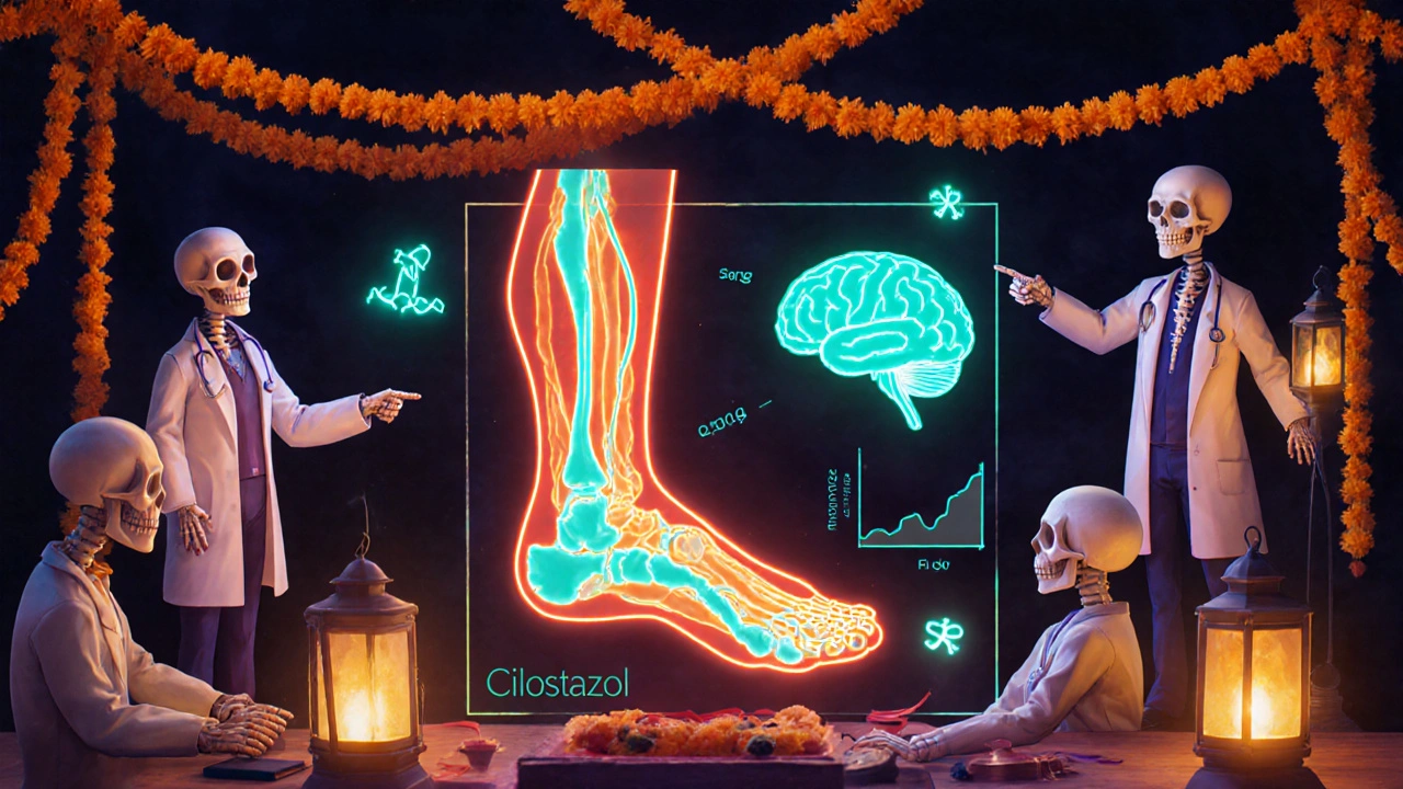 Day of the Dead skeleton doctors celebrate improved blood flow in a glowing leg and brain silhouette.