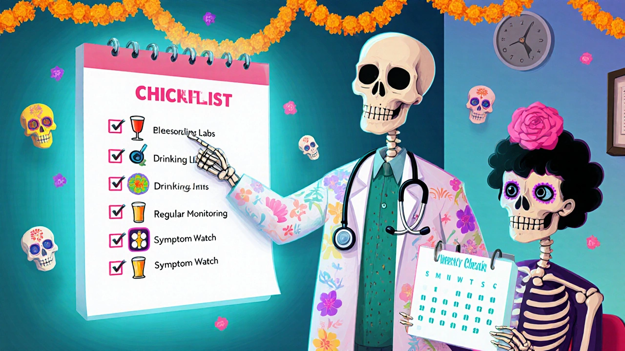 Day of the Dead styled doctor and patient reviewing a health checklist.