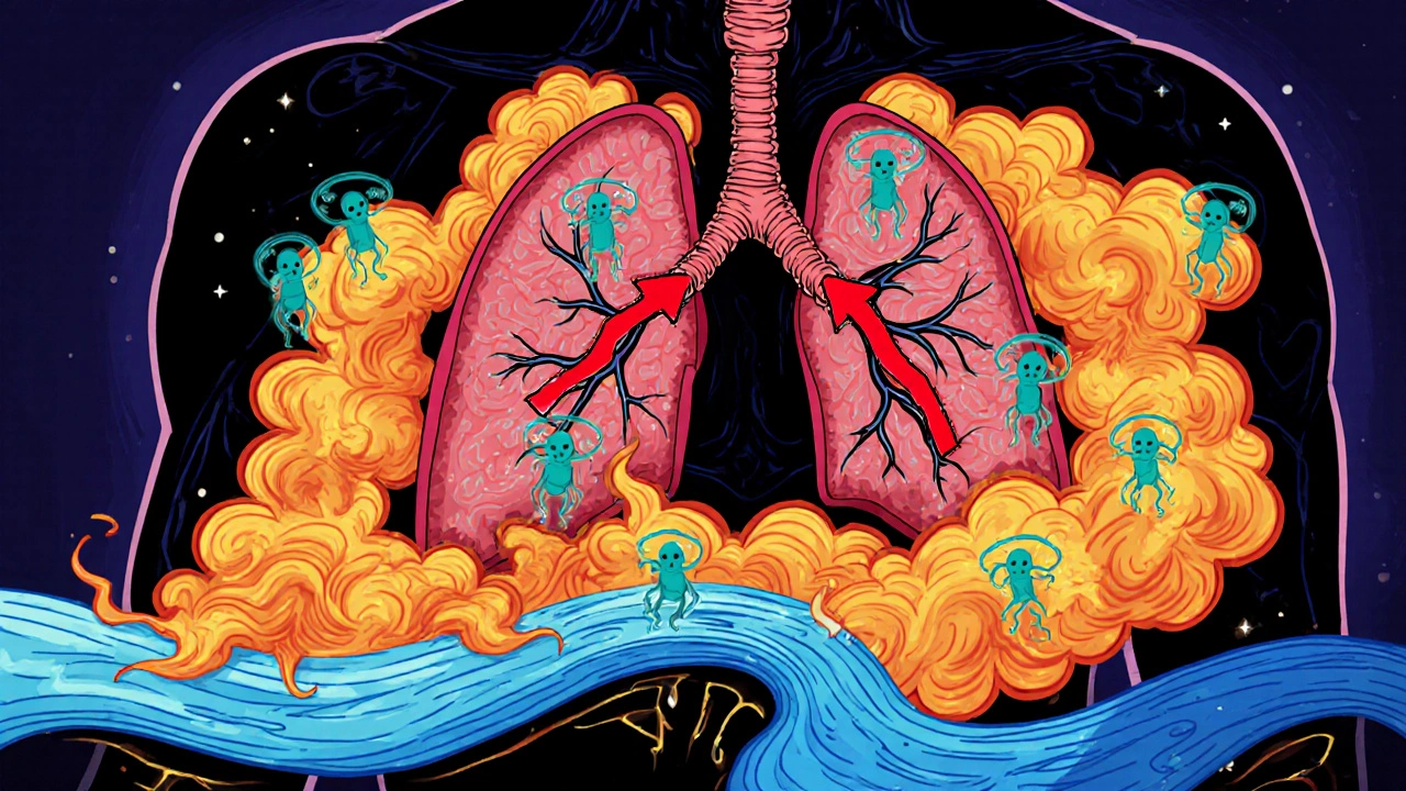 Decorative cross‑section of lungs and sinuses with COX‑1 block, leukotriene surge, and eosinophils.