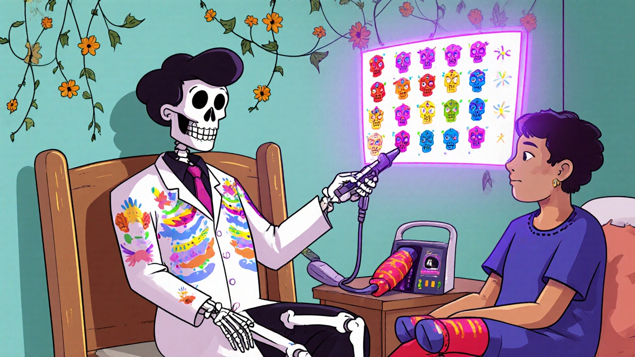 Doctor assesses Caprini score with skull imagery and shows stockings and IPC device.