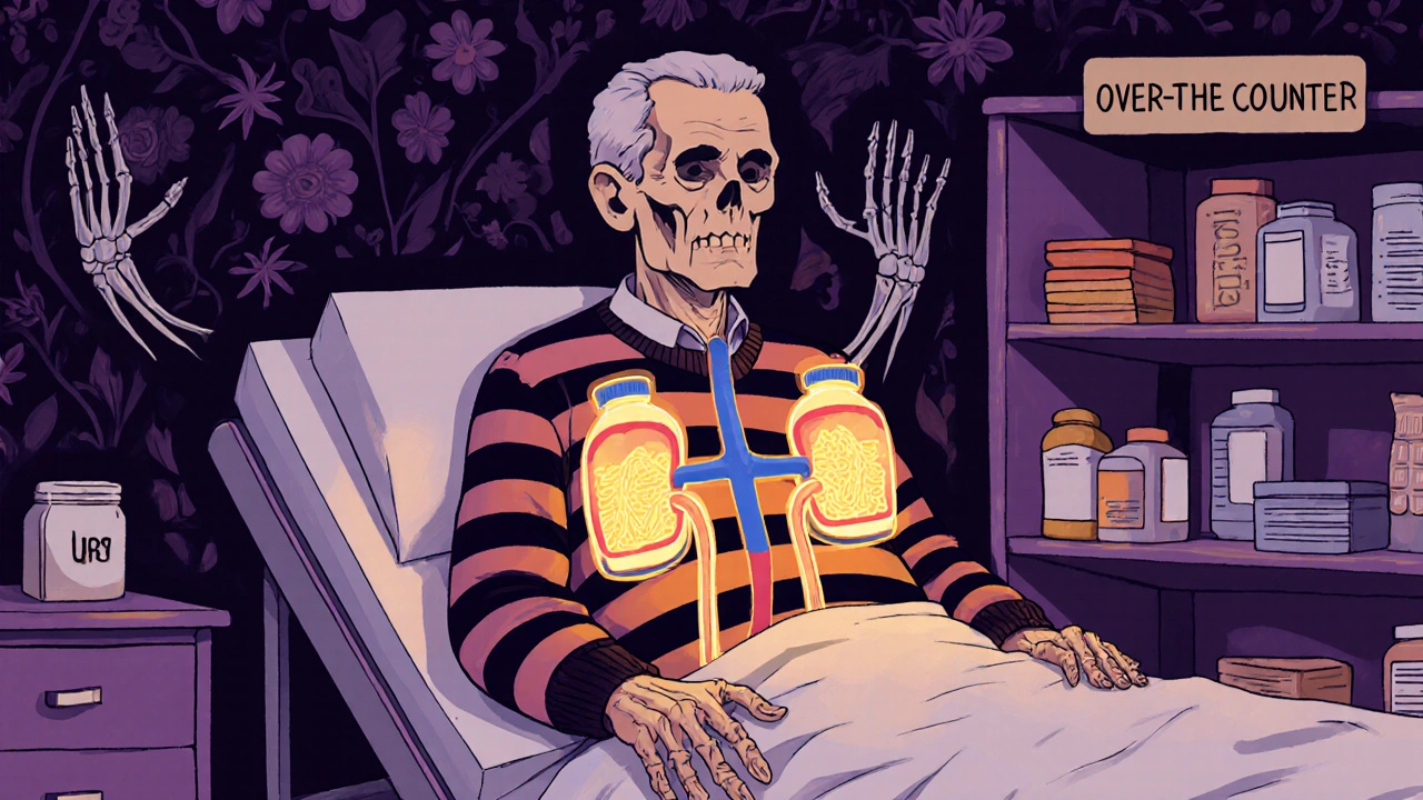 Elderly man on hospital bed with three medication bottles dimming his glowing kidneys, surrounded by pharmacy ghosts.