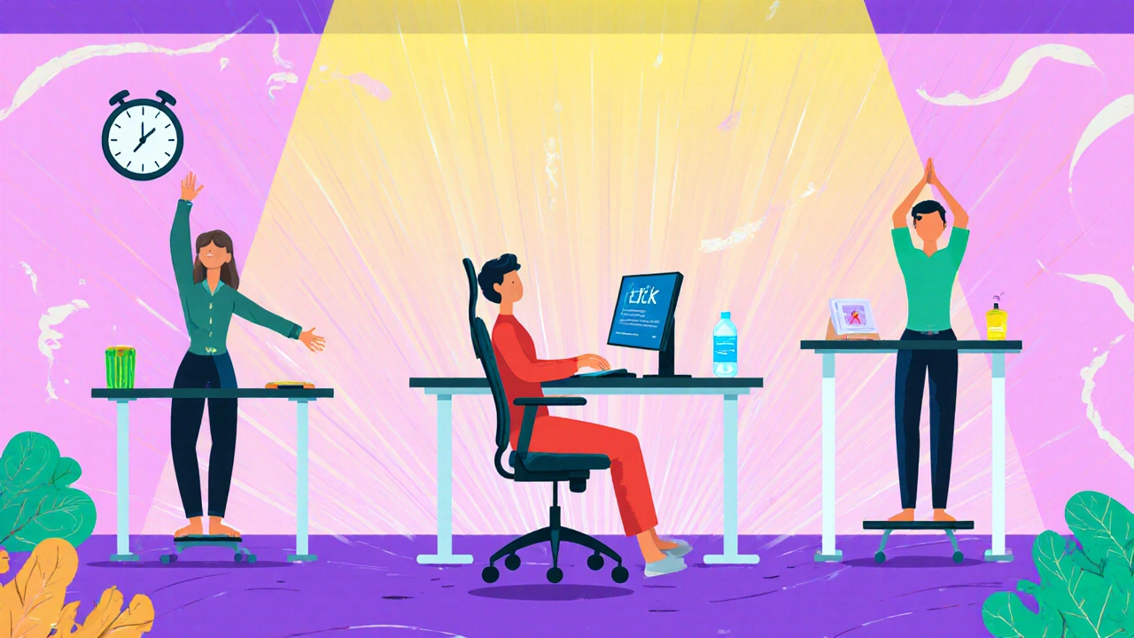 Ergonomic workstation with adjustable chair, standing desk, and hybrid desk, workers stretching.