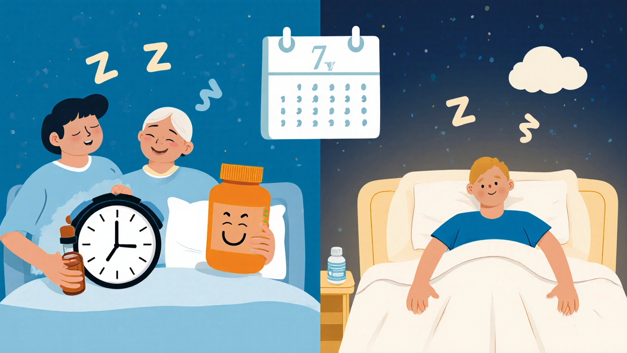 Hospital scene comparing piroxicam patients sleeping peacefully to placebo patients restless.