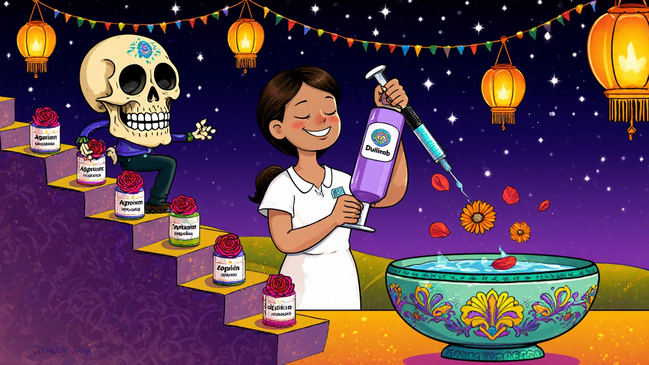Illustrated treatment scene with aspirin stair, dupilumab syringe, and saline rinse in Day of the Dead style.