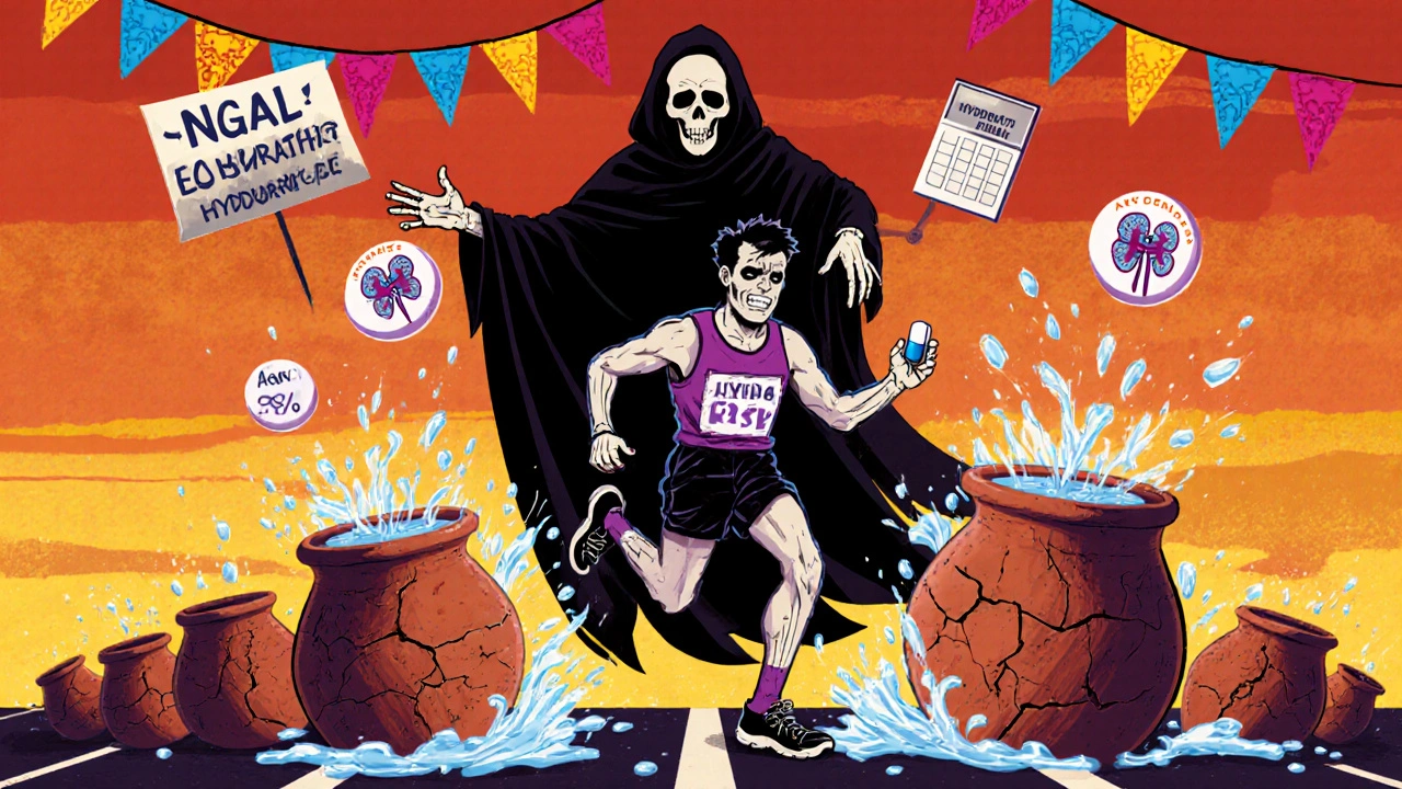 Marathon runner collapsing as Death offers pill, kidneys turning to cracked pots, with biomarker glyphs and warning banners.